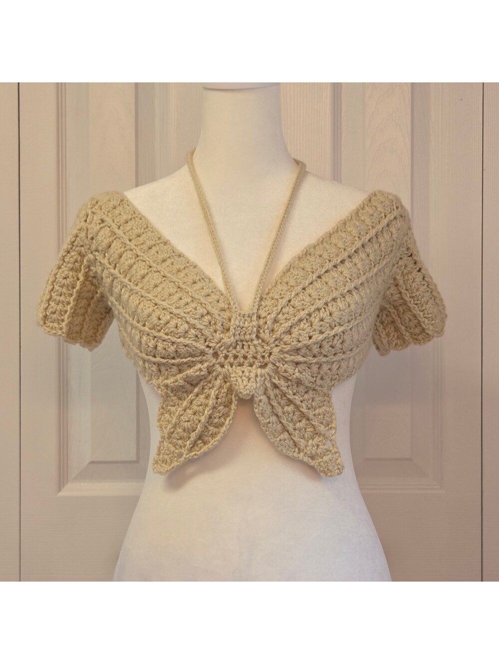 Handmade Cream Crochet Open Back Butterfly Top Beach Coverup Boho Fairy Festival